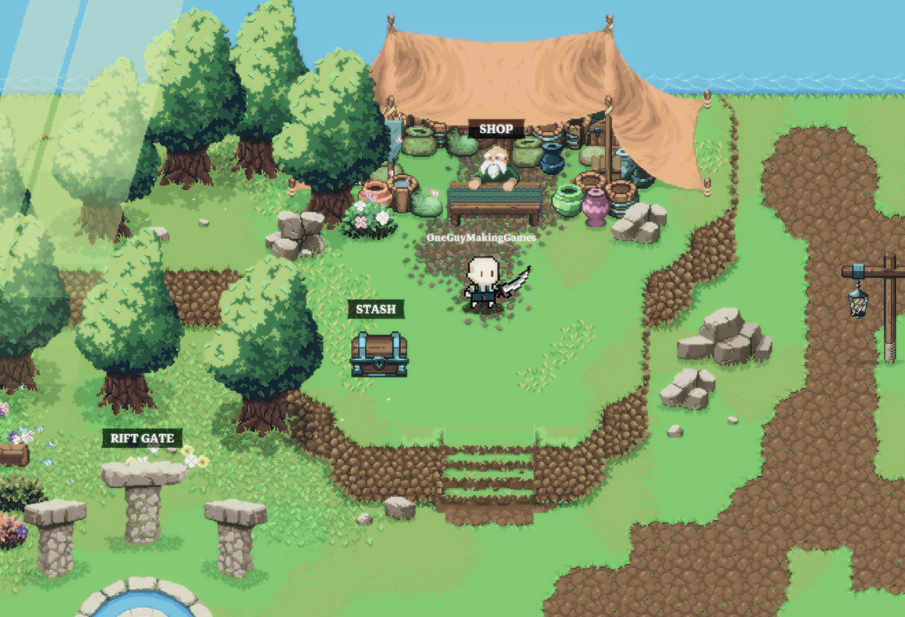 Left for Loot — the pixel-art hub town with Shop, Stash, and Rift Gate